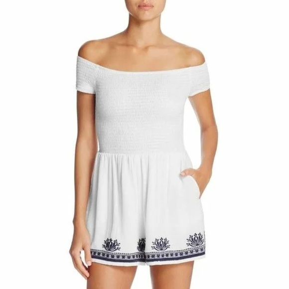 L Space Nanette Smocked Off The Shoulder Embroidered Romper Cover Up White Sz M - Picture 1 of 15